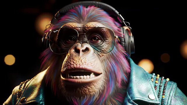 Monkey with Colorful Hair Wearing Headphones and Sunglasses with Bokeh Background