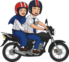 Indonesian Students Riding Motor Bike to School