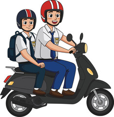 Indonesian High School Students Riding Motor Bike to School