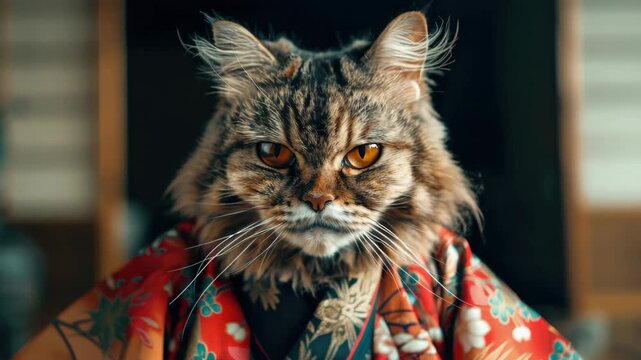 A cat dressed as a samurai in traditional Japanese armor and sword. Whimsical pet fashion for costume parties or themed events.