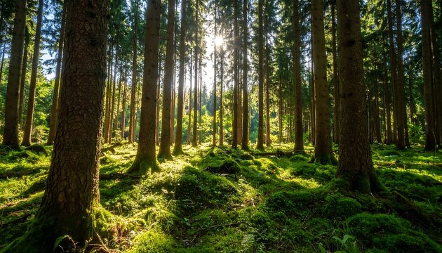 Sunlit forest floor covered in moss, tall trees casting shadows - Powered by Adobe