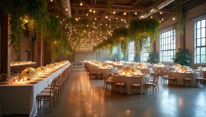 Elegant wedding reception setup in spacious warehouse loft, featuring long tables, round tables adorned with white floral arrangements, flickering candles. Rich plants hangs from ceiling,