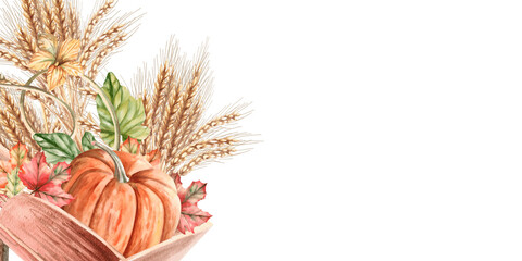 Rectangular frame with harvest in a wooden cart. Isolated watercolor illustration for interior design, Harvest festival decoration, printing on kitchen textiles, seasonal menu design.