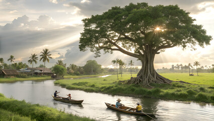 Naklejka premium Ancient Banyan Tree by Riverside Village