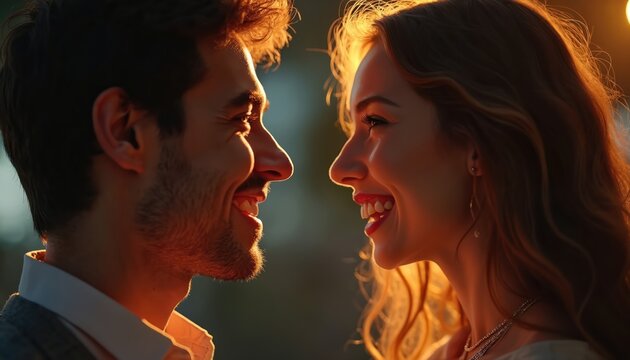 Excited couple meeting for first time after virtual dating. Faces glow with anticipation, capturing joy of online love becoming reality. Genuine connection, laughter, smiling, holding hands, eye