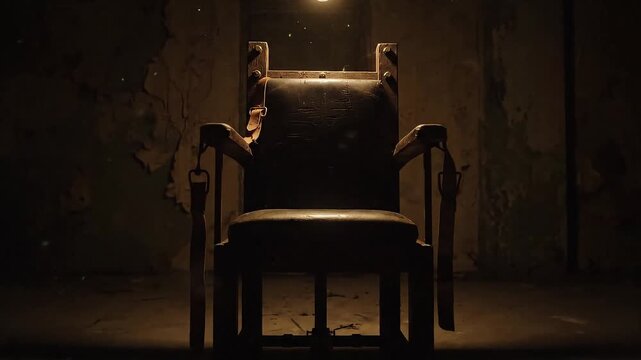 Vintage electric chair with worn leather straps in a dim prison room