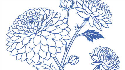 Detailed dahlia flower illustration isolated on white background, featuring intricate line work and botanical elements in a vintage style design