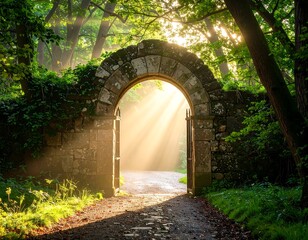 Sunlit stone archway in a verdant forest, path leading through