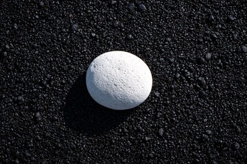 white pebble on black sand, closeup detail, zen vibe