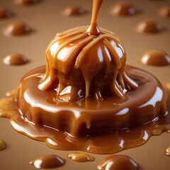 Melted caramel dripping dessert art, closeup