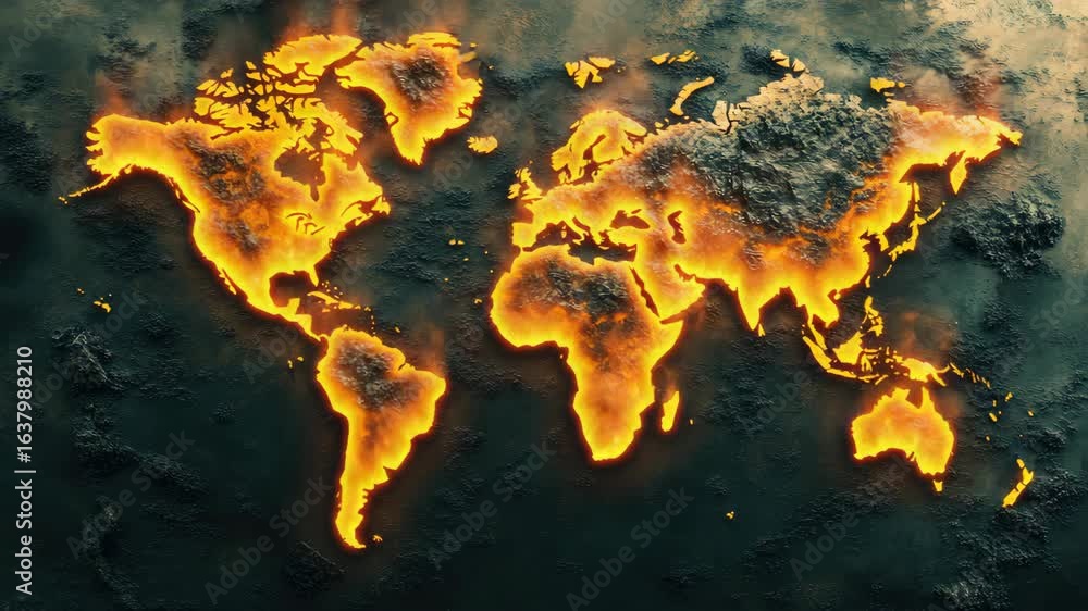 Poster apocalyptic scene of a burning world map with the continents and oceans in flames. a representation 