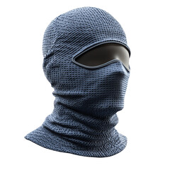 A detailed close-up of a blue ski mask, showcasing texture and design for fashion and winter sports.