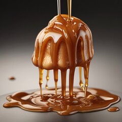 A closeup caramel dripping on top of a dessert, golden swirl, neutral and clean background