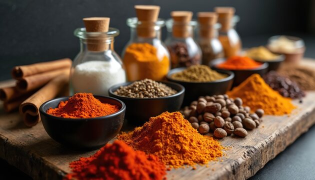 Vibrant collection of assorted spices, including turmeric, ginger, cinnamon, artfully arranged on rustic wooden board. Various powders, whole spices in bowls, jars offer rich visual of culinary