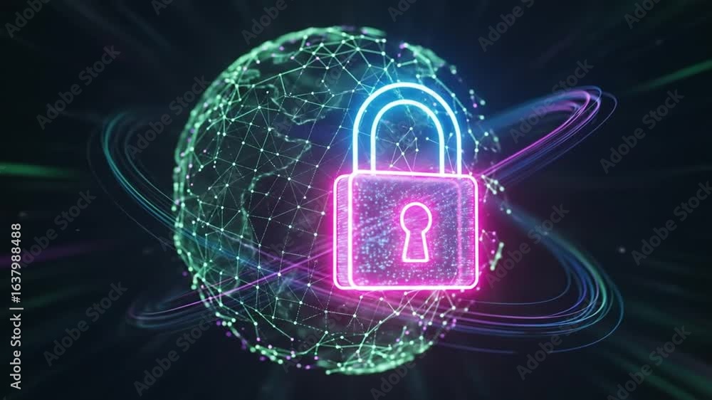 Poster digital security shield: neon padlock protecting a global network of data integrity and trust