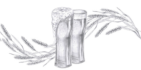 Seamless border with ears of wheat and two glasses of beer. Isolated pencil illustration in realistic style for bar design, wine list, interior design, printing on advertising brochures, labels.