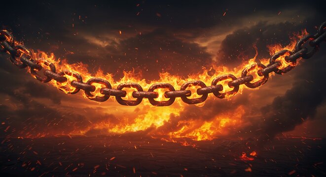 A burning chain hangs suspended against a fiery sky evoking themes of hell and damnation