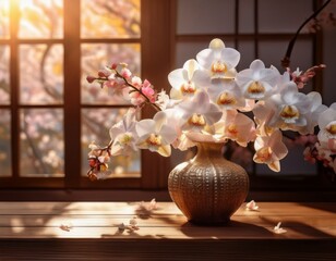 a minimalist Japanese-style floral arrangement in a ceramic vase, featuring white orchids and soft pink cherry blossoms, placed on a wooden table with sunlight streaming through shoji windows, natural