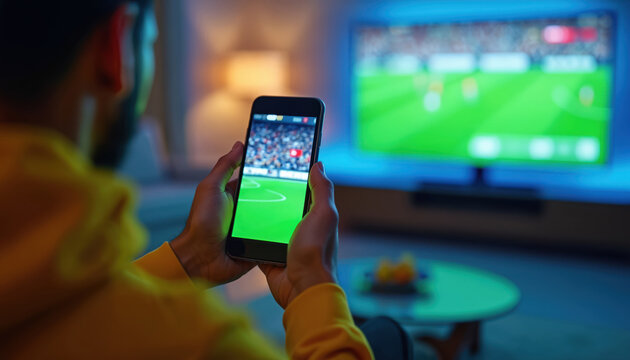 Man holds smartphone displaying sports betting app, watches football match on TV at home. Close-up on hand, device. Represents online gambling, entertainment, sports fan activity. Provides copy space