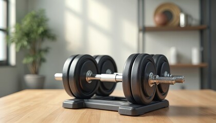 Naklejka premium Adjustable dumbbells with polished chrome handles sit on clean surface, ready for weight training sessions. Robust fitness tools essential for strength building, muscle isolation, diverse workout