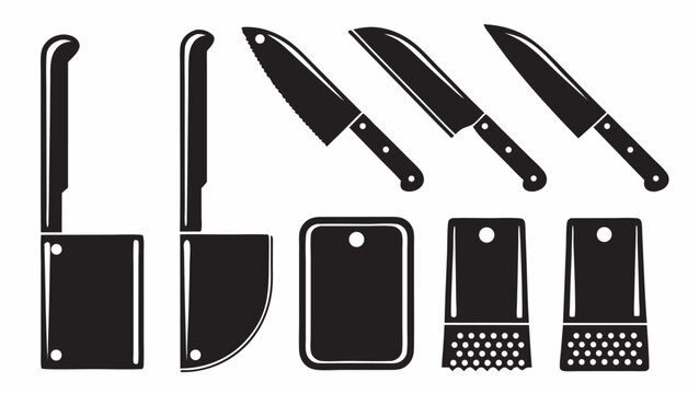 Illustration of various butcher knives and meat tenderizers in black and white design style |  editable eps vectors silhouette
