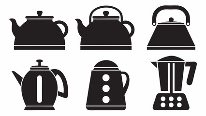 Illustration showing a variety of kitchen appliances including kettles and a blender in black and white style |  editable eps vectors silhouette