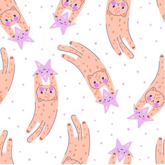 Seamless pattern with adorable flying cats