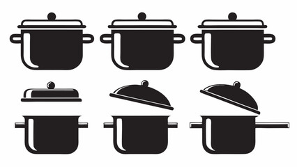 Illustration of six black cooking pots with lids in various open and closed configurations shown clearly |  editable eps vectors silhouette