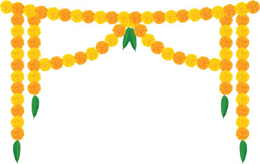 Traditional marigold flower garland toran vector illustration with mango leaves, perfect for Indian Hindu wedding, Diwali, and festival decoration, floral border ornament design for celebration themes
