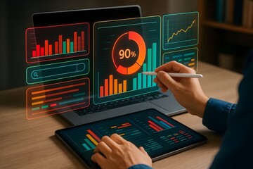 concept of data analysis and business intelligence, with a person managing and interpreting various graphs, charts, and key performance indicators.