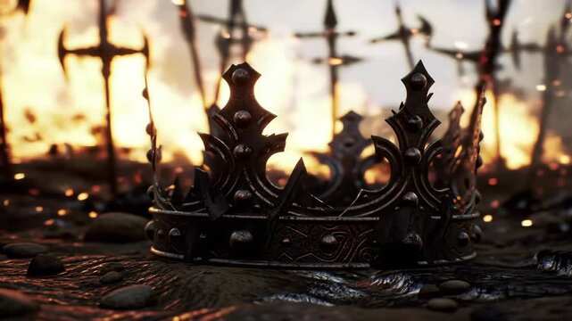 Burned Medieval Crown on Battlefield Ground. Cinematic Post-War Scene with Fire. medieval war, ancient war.
