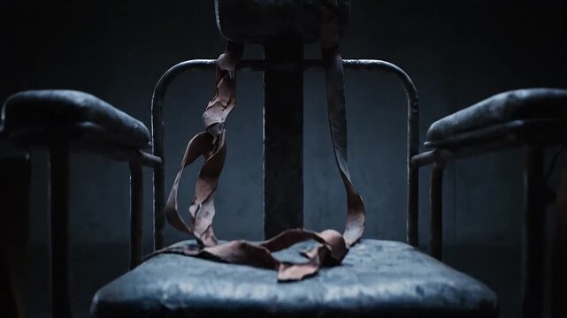 Ultra detailed cinematic prison execution room with vintage electric chair and blue lighting