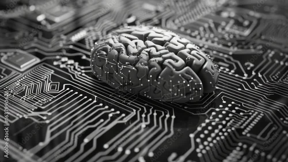 Poster of a brain on top of a silicon circuit board, symbolizing artificial intelligence and human cognitio