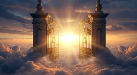 Open gate above clouds, heaven concept with glowing light and sky
