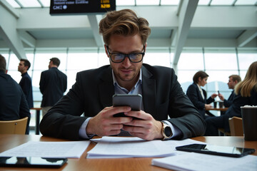 Focused young businessman in suit and glasses checks his smartphone while working remotely at a table in a busy modern airport lounge before his flight