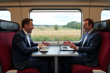 Fototapeta premium Two professional businessmen in suits conduct a meeting with a laptop on a high-speed train, talking and gesturing while traveling through a scenic countryside