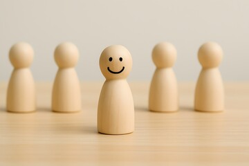 concept of a leader or a person with a positive attitude standing out from the crowd, symbolized by a single smiling figure.