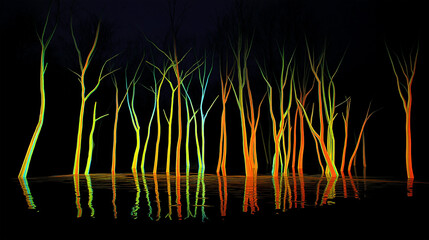 Vibrant illuminated trees reflect on calm water at night, creating a surreal forest scene