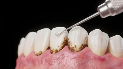 Close up of dental tool cleaning tartar and plaque from teeth and gums during oral hygiene procedure