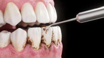 Close up of dental tool cleaning tartar and plaque from teeth and gums during oral hygiene procedure