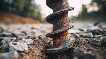 Beautiful photo of closeup of a rusty auger drill bit digging into rocky soil outdoors Concept of geotechnical investigation, construction, and environmental engineering.