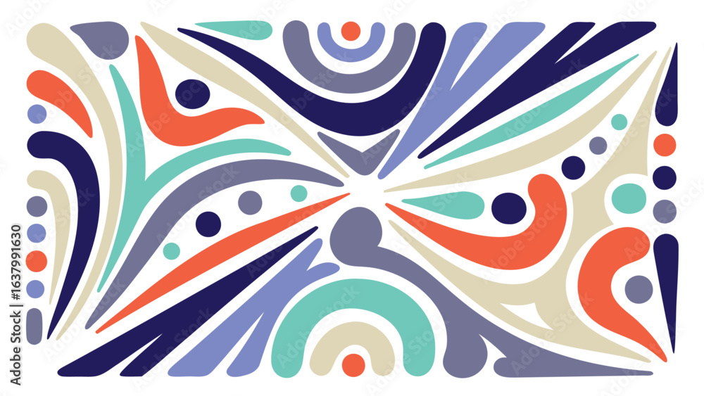 Poster abstract symmetrical design with curved shapes and dots in muted pastel colors on white background