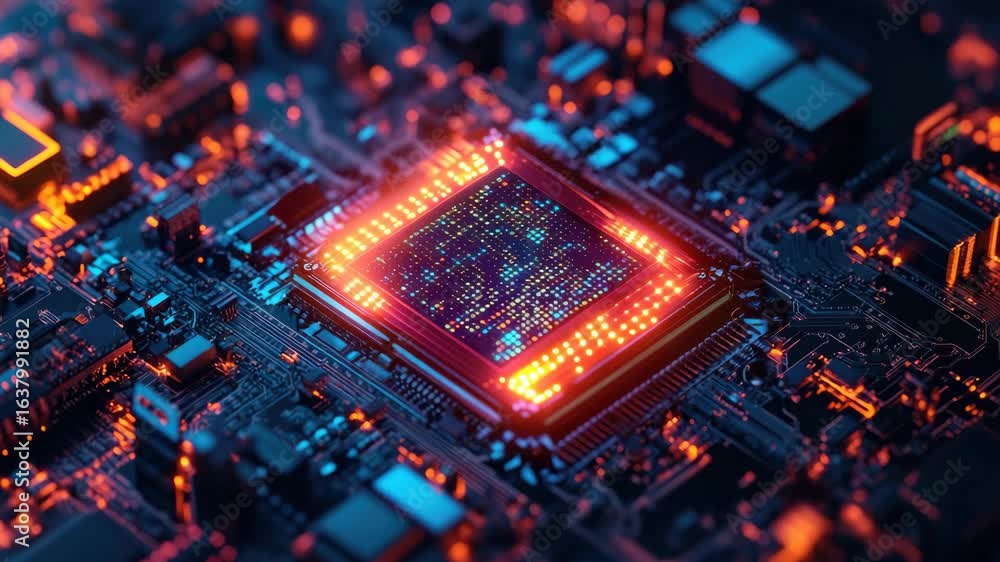 Poster a computer chip with a red light on it. the chip is on a blue background. the chip is surrounded by 