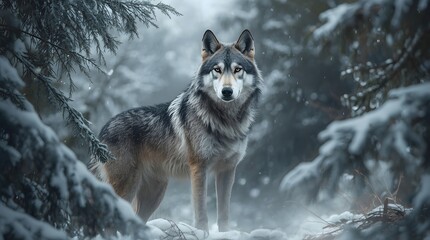 Fototapeta premium Wolf in the Woods - Snowy Forest Scenery