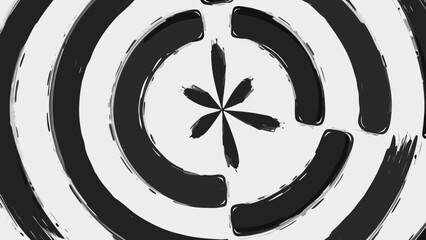 Abstract black and white circular design with brush stroke effect and central floral element artful style