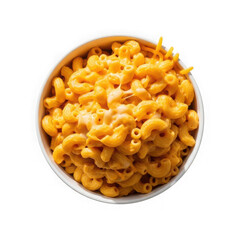 Top view of a bowl of creamy macaroni and cheese isolated on transparent background, a classic comfort food