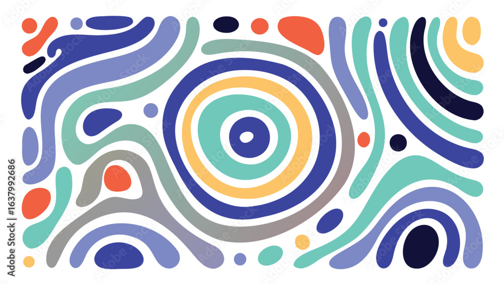 Poster abstract background with colorful organic shapes and concentric circles in the center area