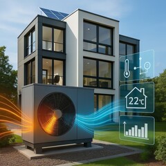 Modern smart home with heat pump system displaying digital temperature control interface