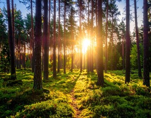 Sunlit path through dense pine forest, mossy ground, sunset glow