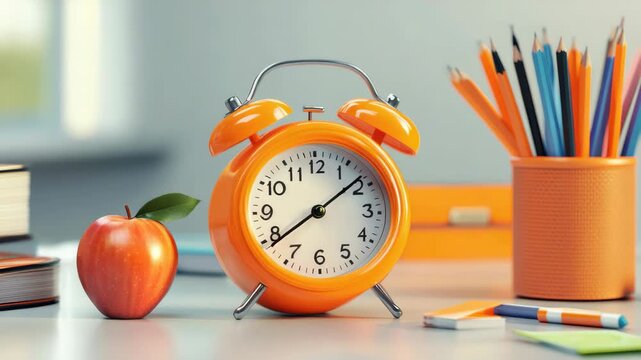 An alarm clock in a classroom setting, surrounded by school supplies and books. The orange color of the clock is a common choice for its visibility.